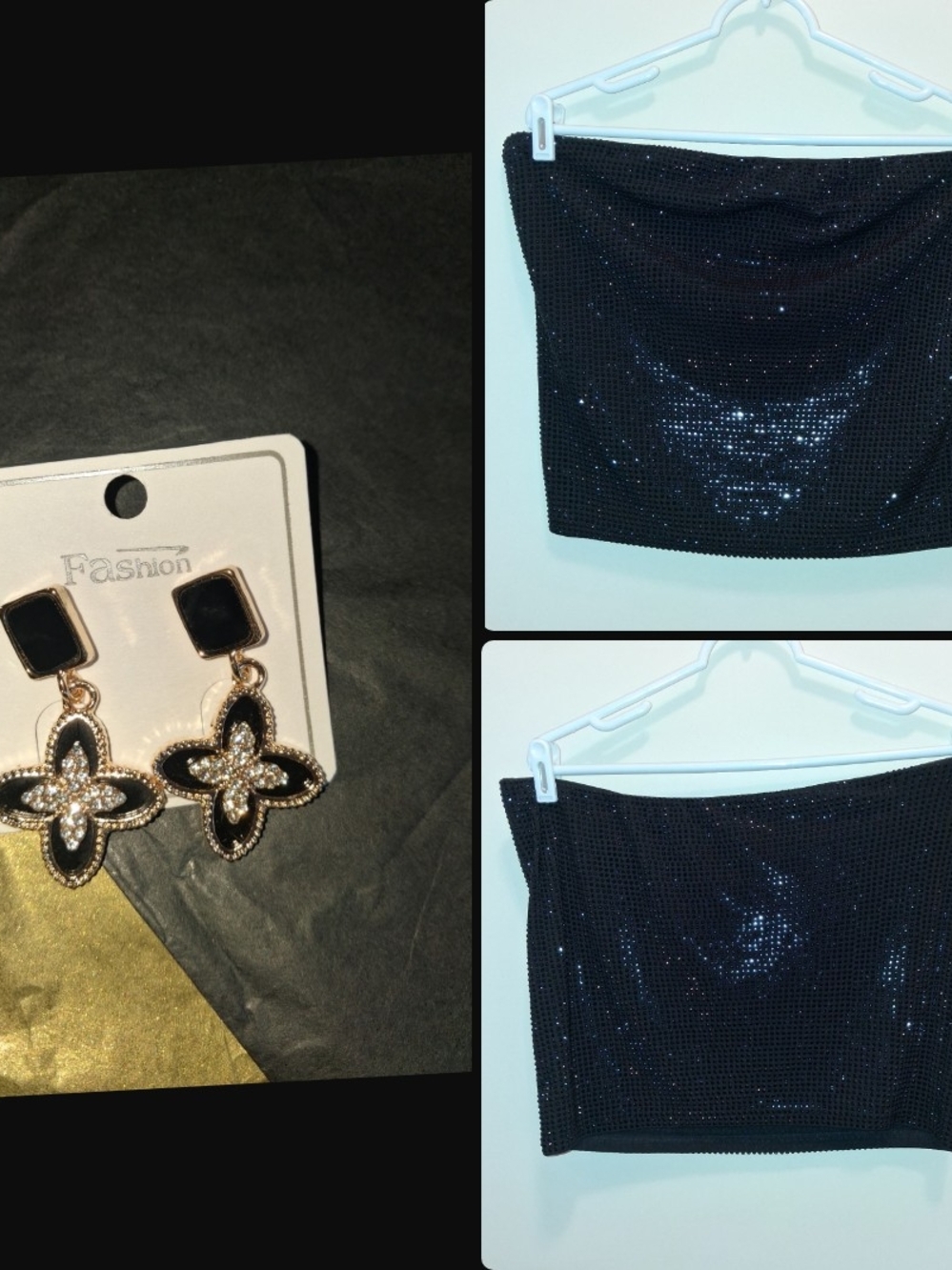 Zenobia Black and Gold Crystal Flower Drop Earrings Styled With FrEE Tube Top!